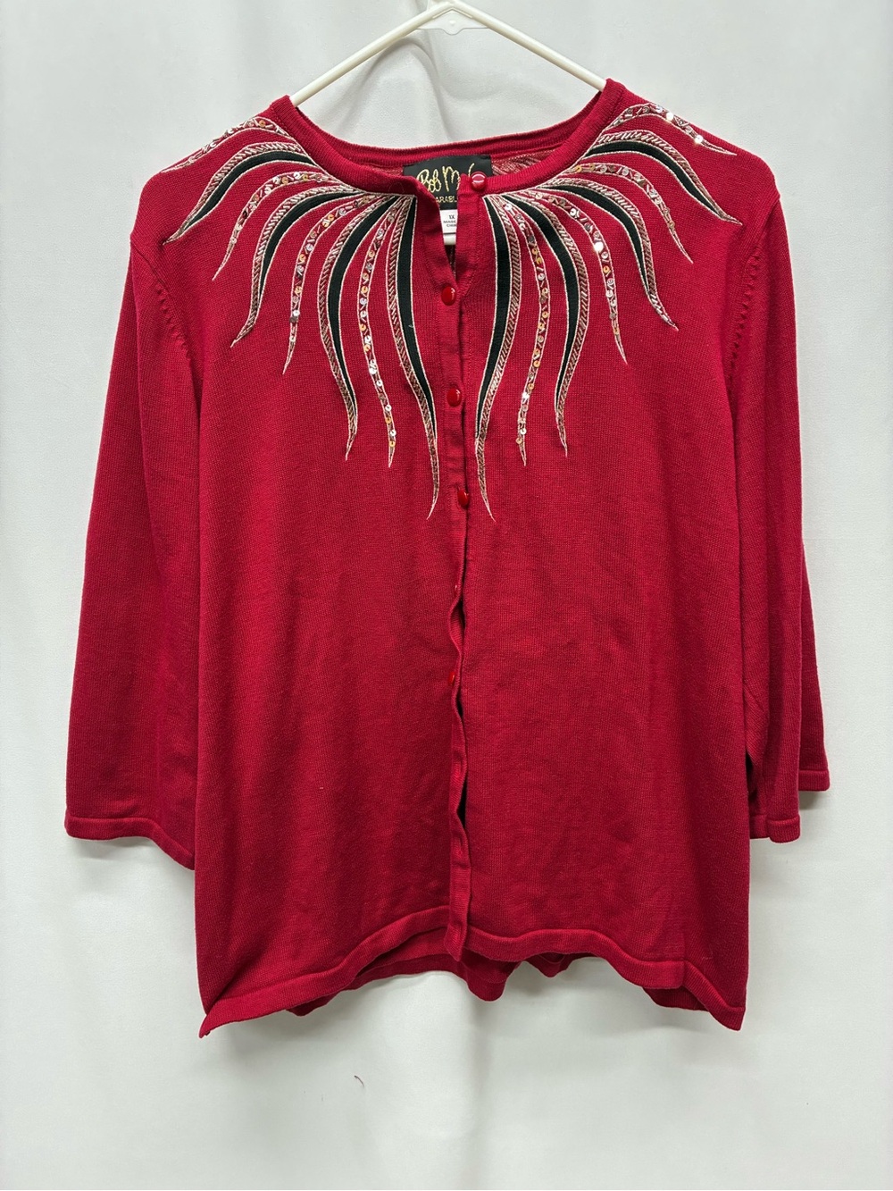 Vintage Bob Mackie cardigan red sweater 1x sequin flames wearable art button